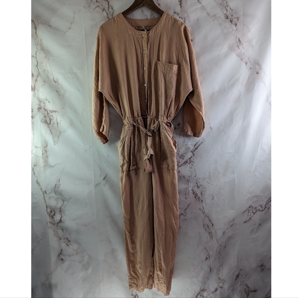Free People Jumpsuit Womens XS Pink Linen Button Crop Belted Slouchy Pocket